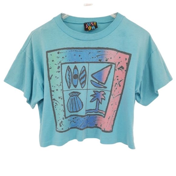 Vintage Other - VTG 80s Just On Blue Neon Beach Graphic Crop Tee Half Shirt Shell Sailboat M